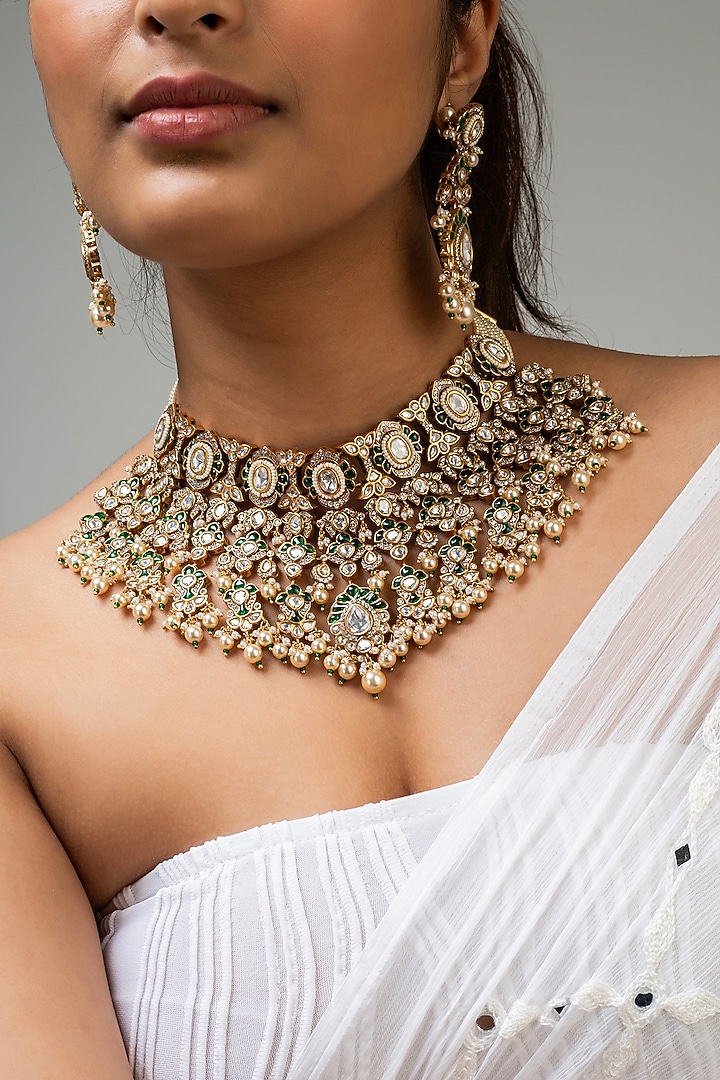 Gold Finish Green Kundan Polki Necklace Set In Sterling Silver by Zevar King at Pernia's Pop Up Shop