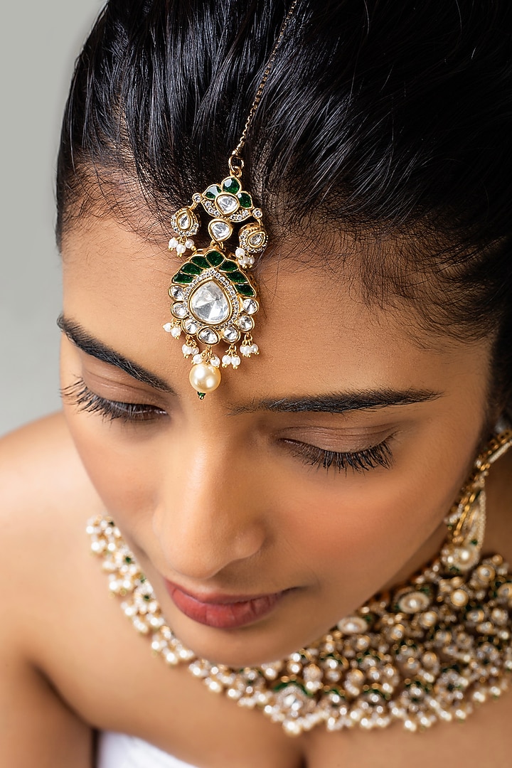Gold Finish Green Kundan Polki Necklace Set In Sterling Silver by Zevar King at Pernia's Pop Up Shop