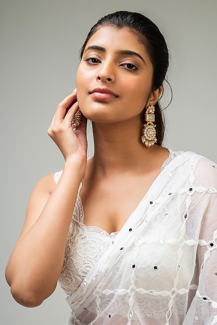Gold Finish Multi-Colored Kundan Polki Dangler Earrings by Zevar King at Pernia's Pop Up Shop