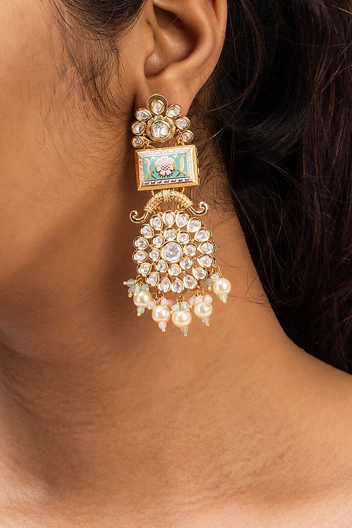 Gold Finish Multi-Colored Kundan Polki Dangler Earrings by Zevar King at Pernia's Pop Up Shop