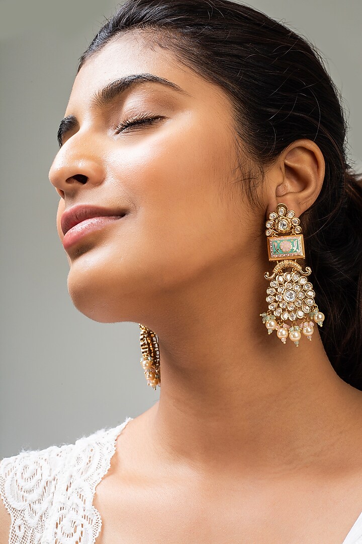 Gold Finish Multi-Colored Kundan Polki Dangler Earrings by Zevar King at Pernia's Pop Up Shop
