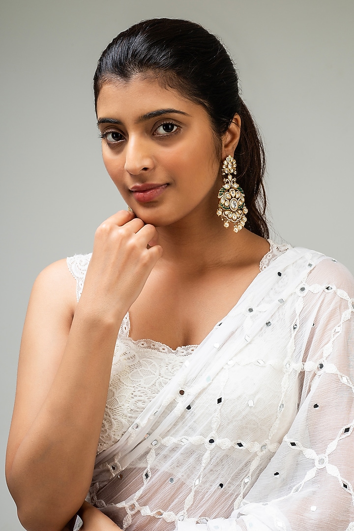 Gold Finish Green Kundan Polki Dangler Earrings by Zevar King at Pernia's Pop Up Shop