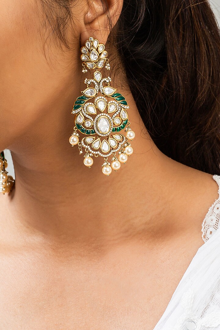 Gold Finish Green Kundan Polki Dangler Earrings by Zevar King at Pernia's Pop Up Shop