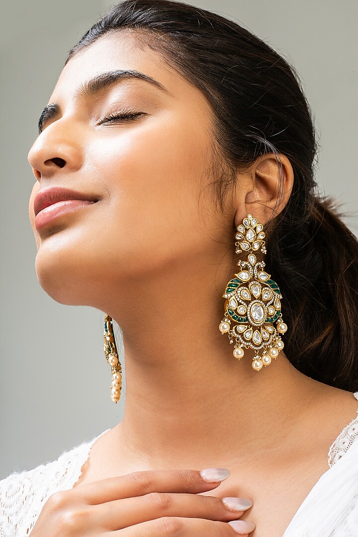 Gold Finish Green Kundan Polki Dangler Earrings by Zevar King at Pernia's Pop Up Shop
