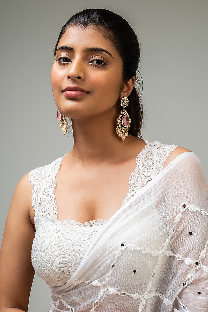 Gold Finish Pink Kundan Polki Dangler Earrings by Zevar King at Pernia's Pop Up Shop