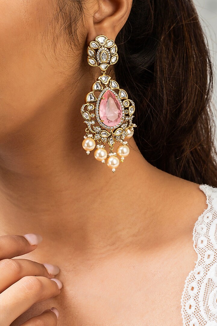 Gold Finish Pink Kundan Polki Dangler Earrings by Zevar King at Pernia's Pop Up Shop