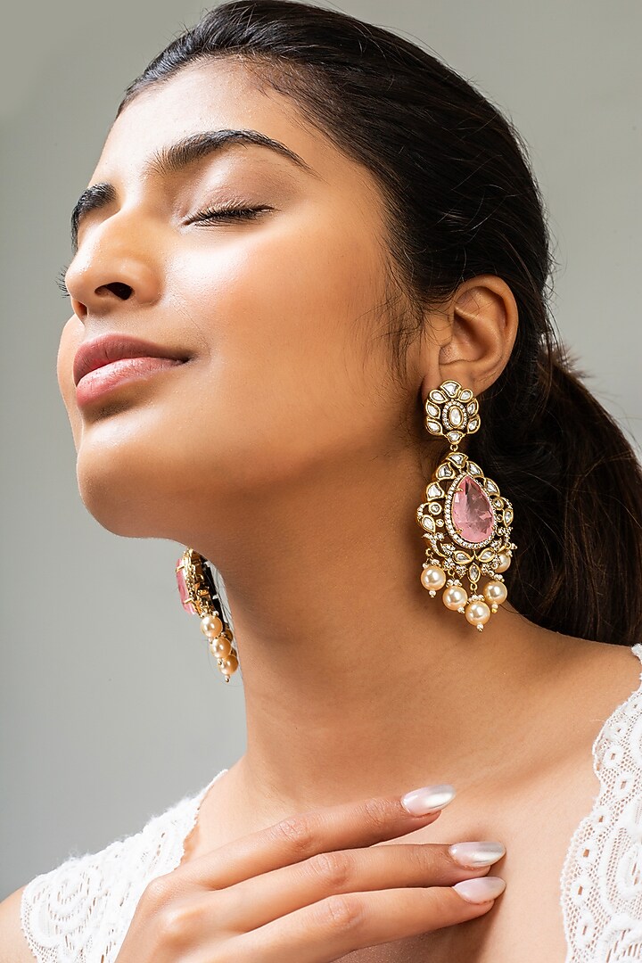 Gold Finish Pink Kundan Polki Dangler Earrings by Zevar King at Pernia's Pop Up Shop