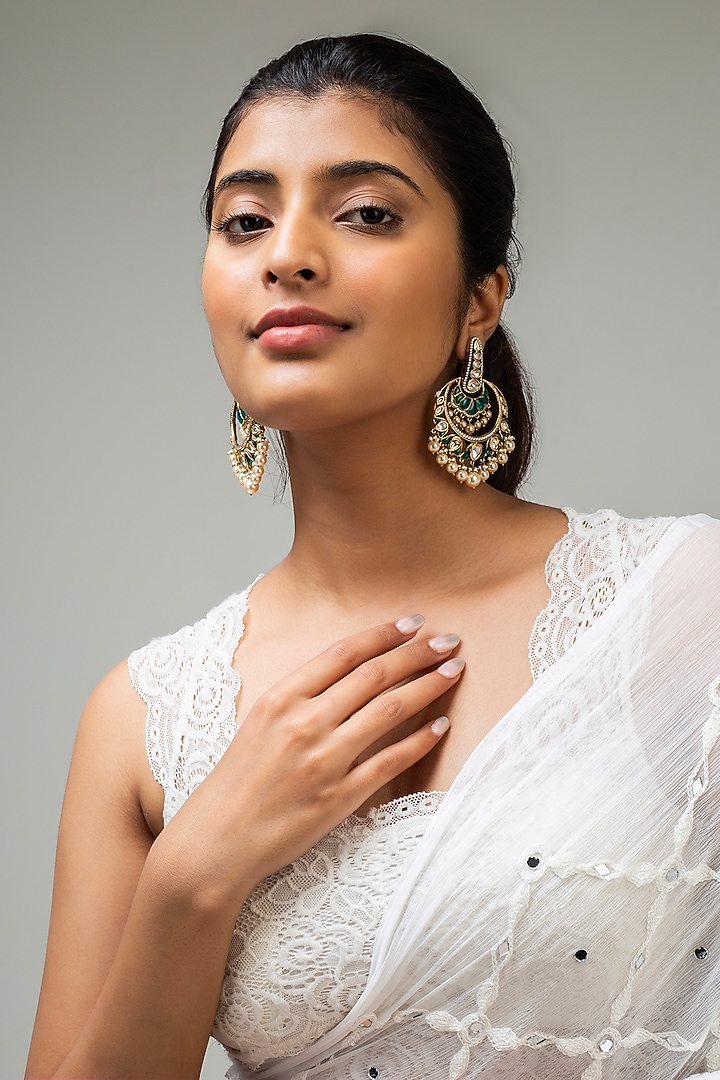 Gold Finish Green Kundan Polki Dangler Earrings by Zevar King at Pernia's Pop Up Shop