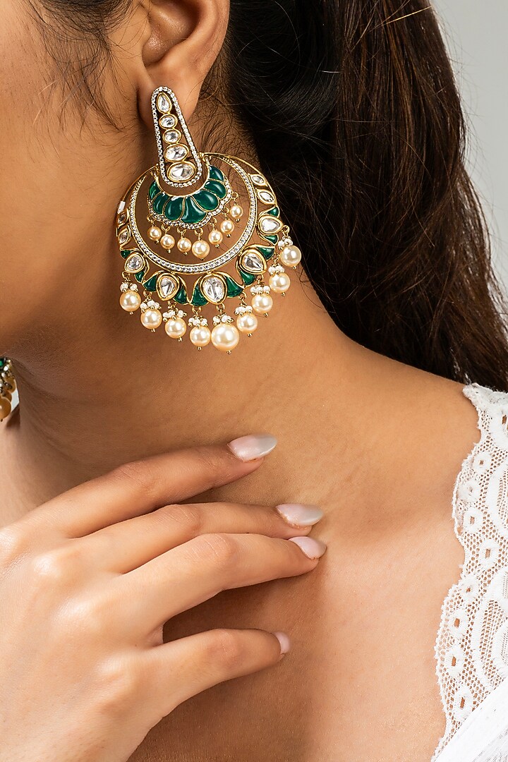 Gold Finish Green Kundan Polki Dangler Earrings by Zevar King at Pernia's Pop Up Shop