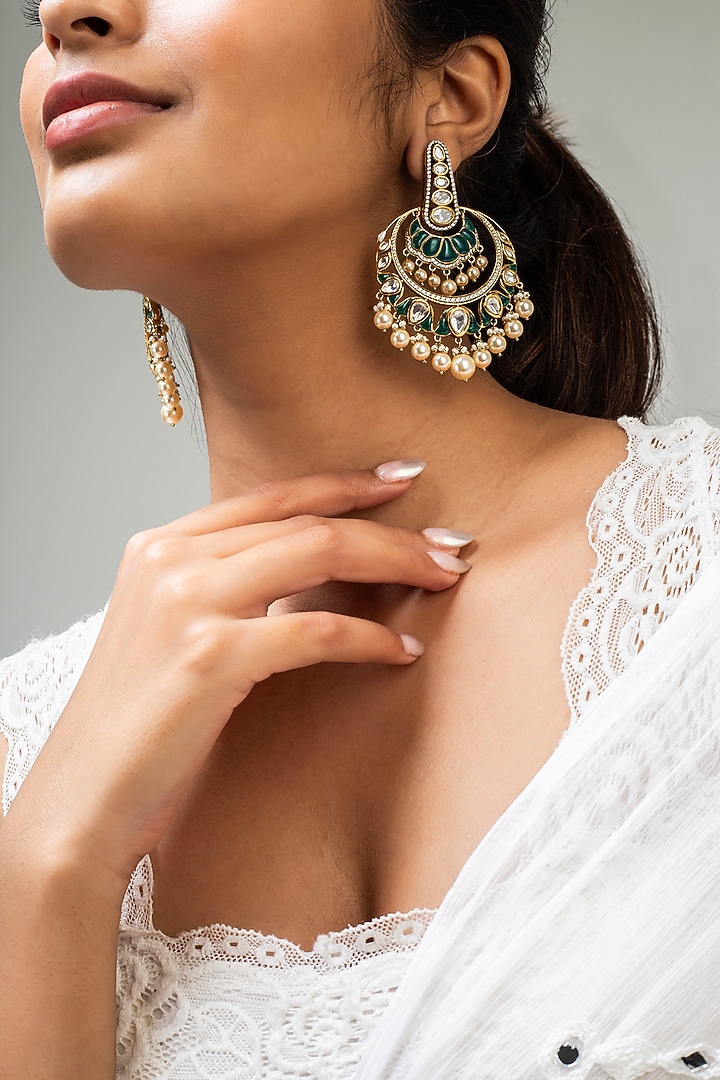 Gold Finish Green Kundan Polki Dangler Earrings by Zevar King at Pernia's Pop Up Shop