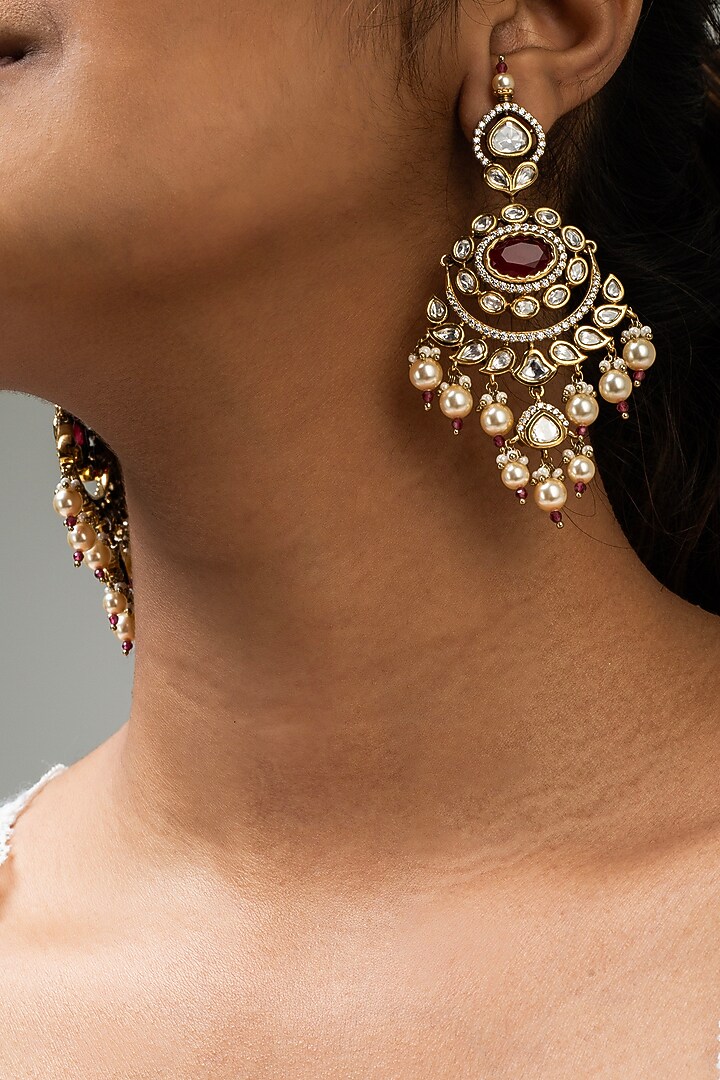 Gold Finish Red Kundan Polki Dangler Earrings by Zevar King at Pernia's Pop Up Shop