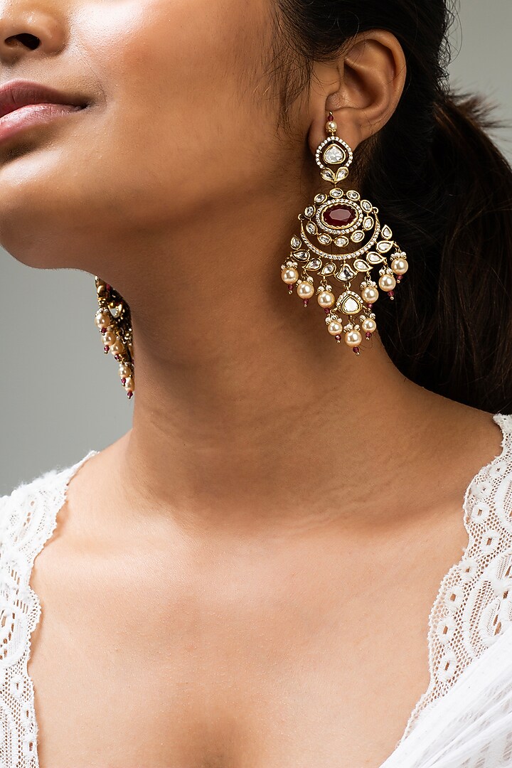 Gold Finish Red Kundan Polki Dangler Earrings by Zevar King at Pernia's Pop Up Shop