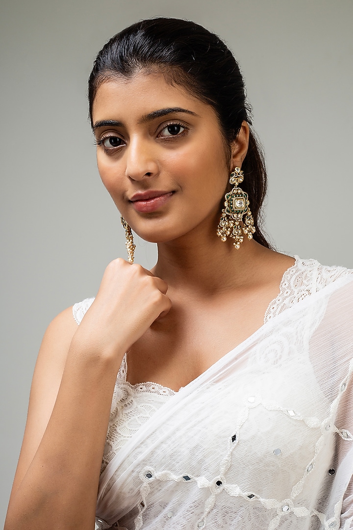 Gold Finish Green Kundan Polki Dangler Earrings by Zevar King at Pernia's Pop Up Shop