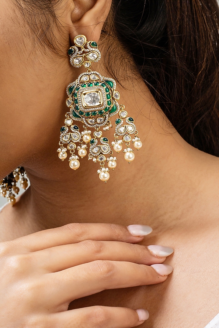 Gold Finish Green Kundan Polki Dangler Earrings by Zevar King at Pernia's Pop Up Shop