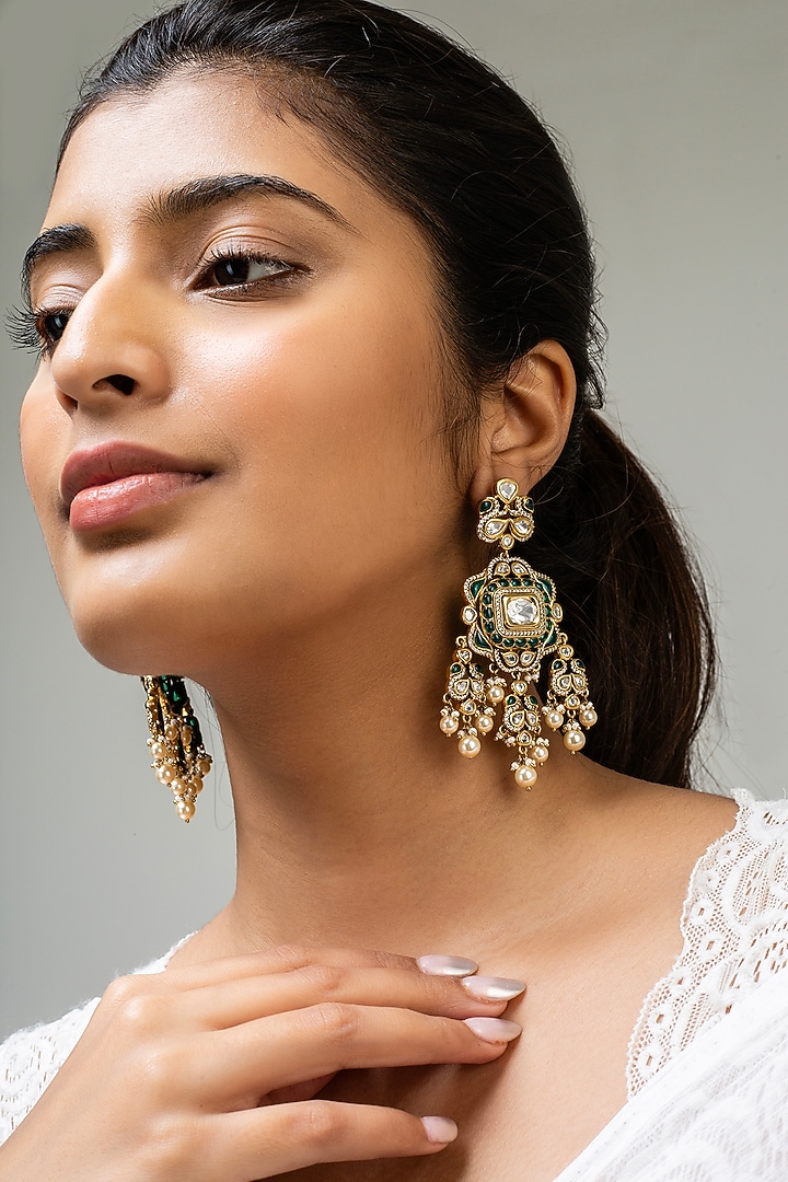 Gold Finish Green Kundan Polki Dangler Earrings by Zevar King at Pernia's Pop Up Shop
