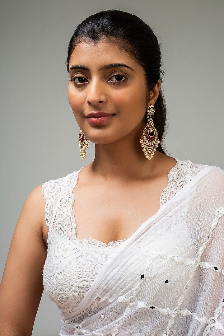 Gold Finish Red Kundan Polki Dangler Earrings by Zevar King at Pernia's Pop Up Shop