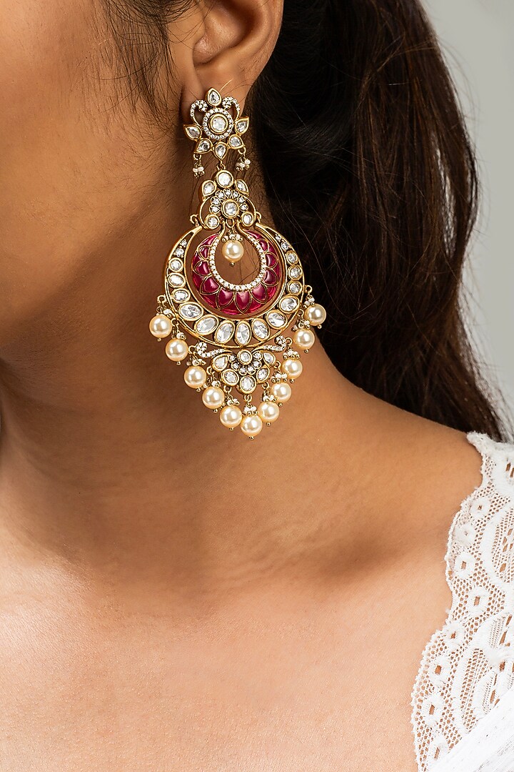 Gold Finish Red Kundan Polki Dangler Earrings by Zevar King at Pernia's Pop Up Shop
