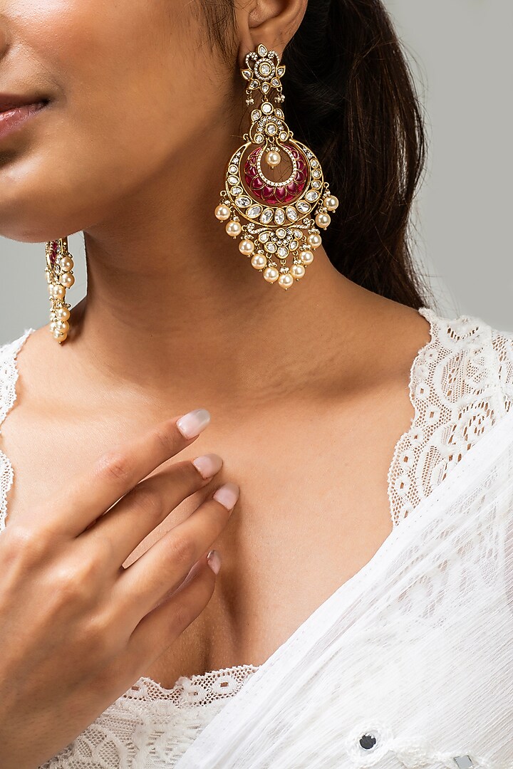 Gold Finish Red Kundan Polki Dangler Earrings by Zevar King at Pernia's Pop Up Shop