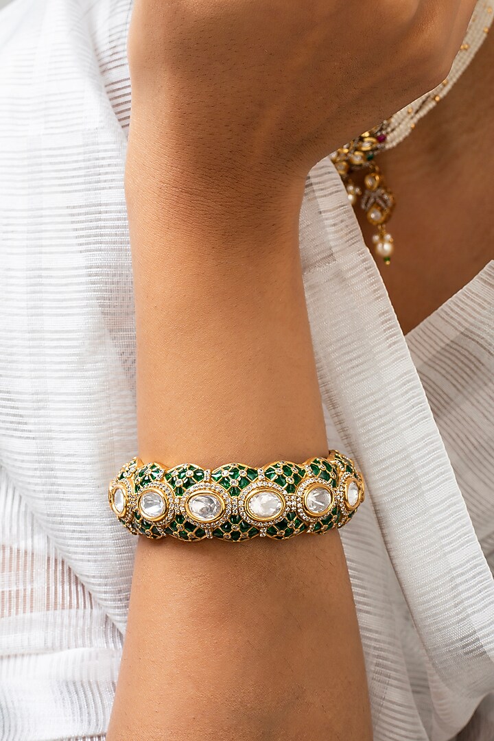 Gold Finish Green Kundan Polki Openable Kada by Zevar King at Pernia's Pop Up Shop