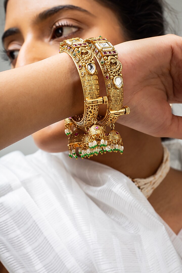 Gold Finish Kundan Polki & Multi-Colored Stone Kada by Zevar King at Pernia's Pop Up Shop