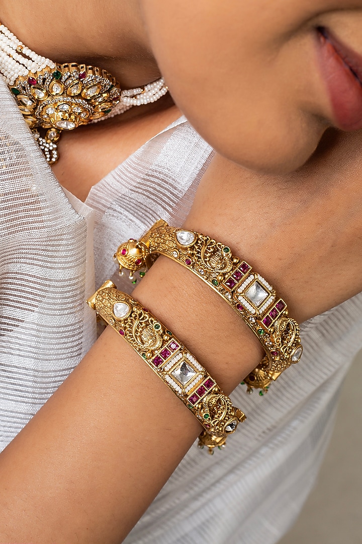 Gold Finish Kundan Polki & Multi-Colored Stone Kada by Zevar King at Pernia's Pop Up Shop
