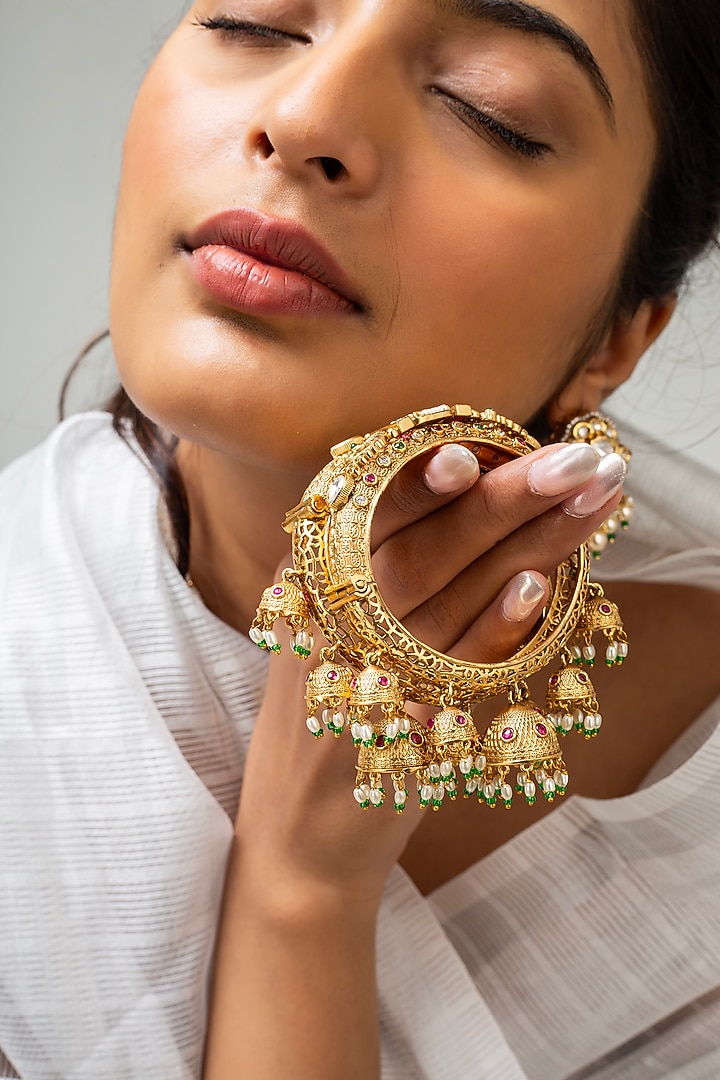Gold Finish Kundan Polki & Multi-Colored Stone Kada by Zevar King at Pernia's Pop Up Shop