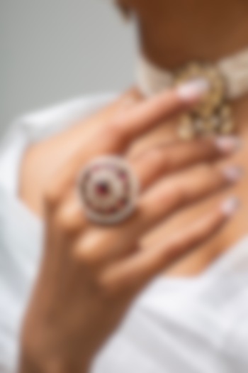 Gold Finish Kundan Polki & Red Stone Ring by Zevar King at Pernia's Pop Up Shop