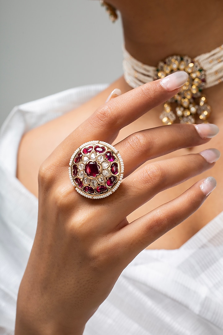 Gold Finish Kundan Polki & Red Stone Ring by Zevar King at Pernia's Pop Up Shop