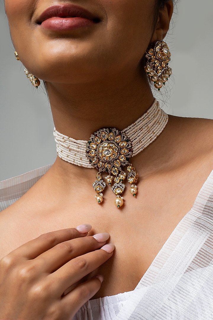 Gold Finish Kundan Polki & Blue Stone Choker Necklace Set by Zevar King at Pernia's Pop Up Shop