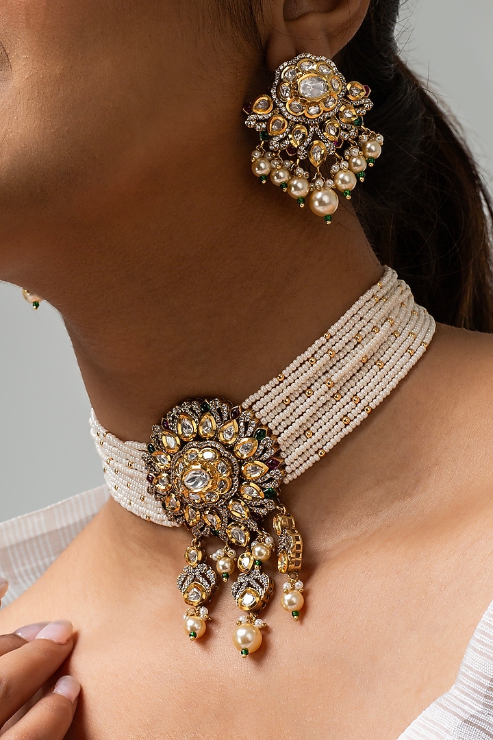 Gold Finish Kundan Polki & Blue Stone Choker Necklace Set by Zevar King at Pernia's Pop Up Shop