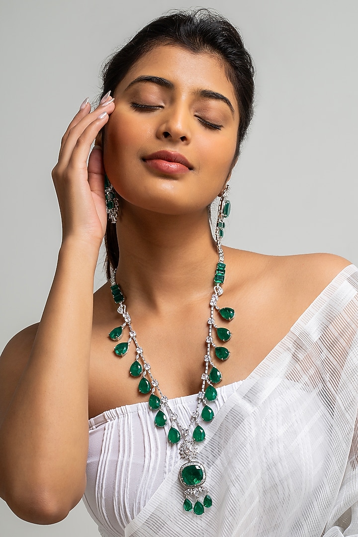 Gold Finish American Diamond & Green Stone Long Necklace Set by Zevar King at Pernia's Pop Up Shop