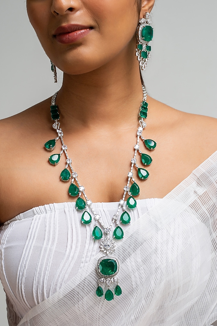 Gold Finish American Diamond & Green Stone Long Necklace Set by Zevar King at Pernia's Pop Up Shop
