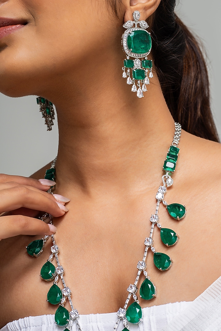 Gold Finish American Diamond & Green Stone Long Necklace Set by Zevar King at Pernia's Pop Up Shop