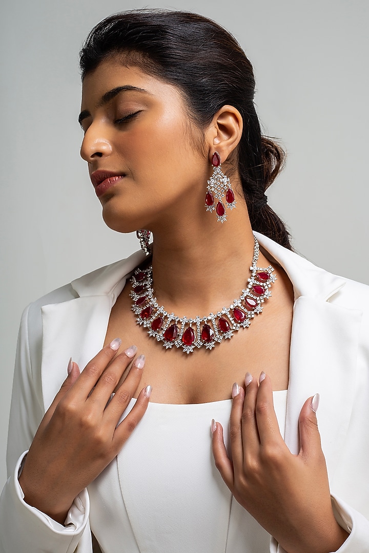 Gold Finish American Diamond & Red Stone Necklace Set by Zevar King at Pernia's Pop Up Shop