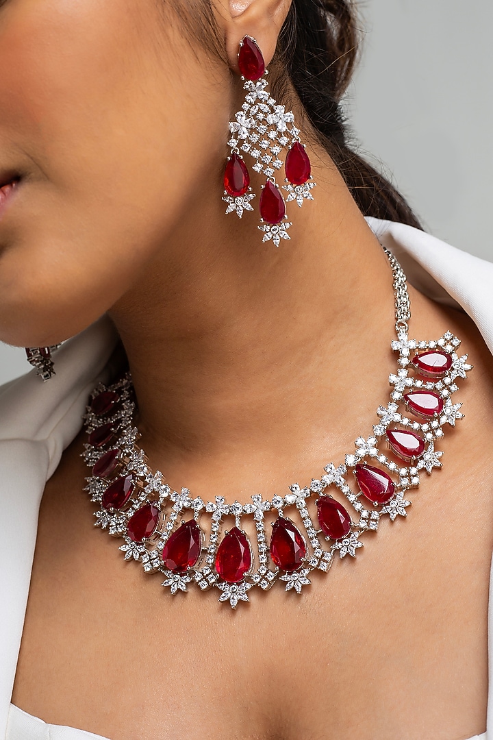 Gold Finish American Diamond & Red Stone Necklace Set by Zevar King at Pernia's Pop Up Shop