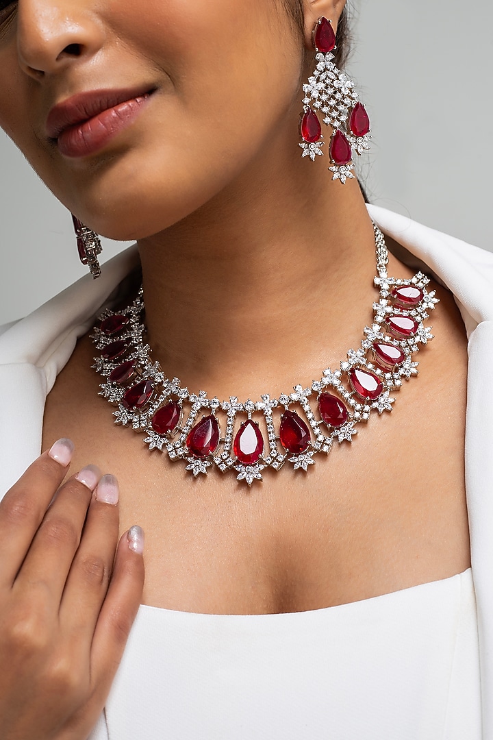 Gold Finish American Diamond & Red Stone Necklace Set by Zevar King at Pernia's Pop Up Shop