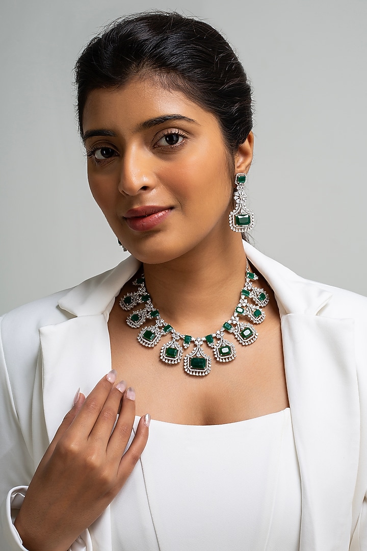 Gold Finish American Diamond & Green Stone Necklace Set by Zevar King at Pernia's Pop Up Shop
