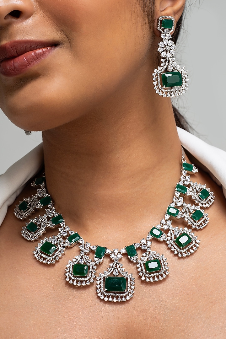 Gold Finish American Diamond & Green Stone Necklace Set by Zevar King at Pernia's Pop Up Shop