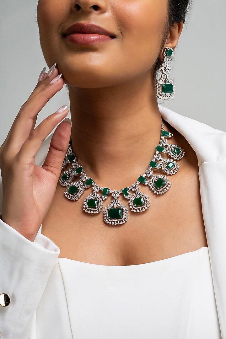 Gold Finish American Diamond & Green Stone Necklace Set by Zevar King at Pernia's Pop Up Shop