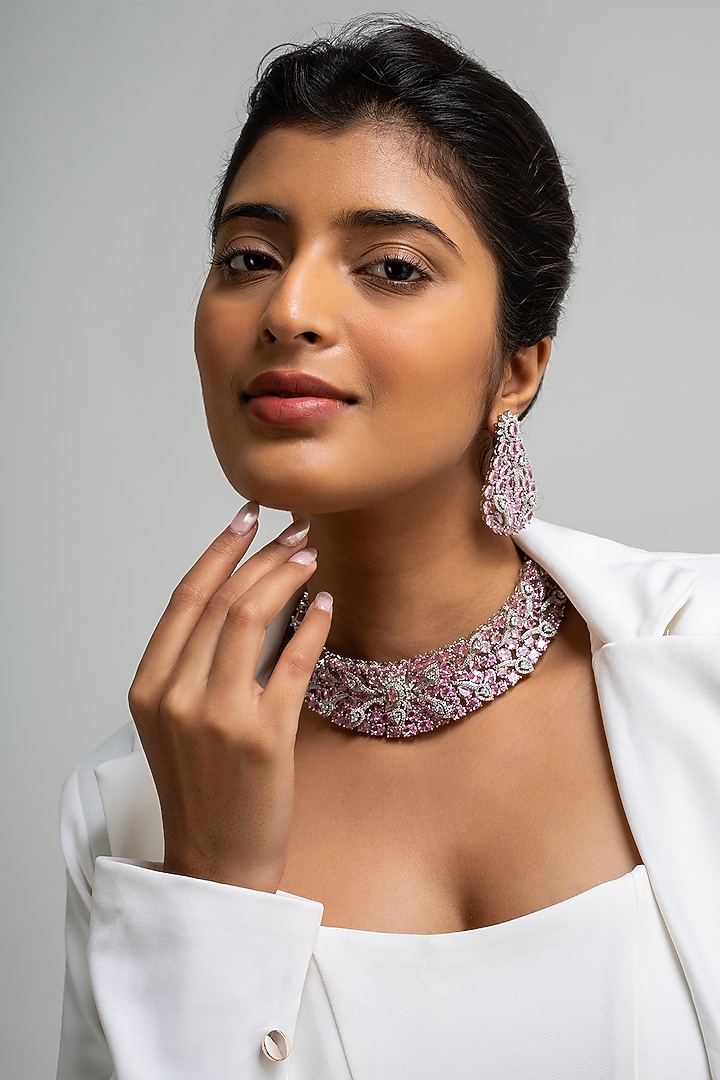 Gold Finish American Diamond & Pink Stone Choker Necklace Set by Zevar King at Pernia's Pop Up Shop