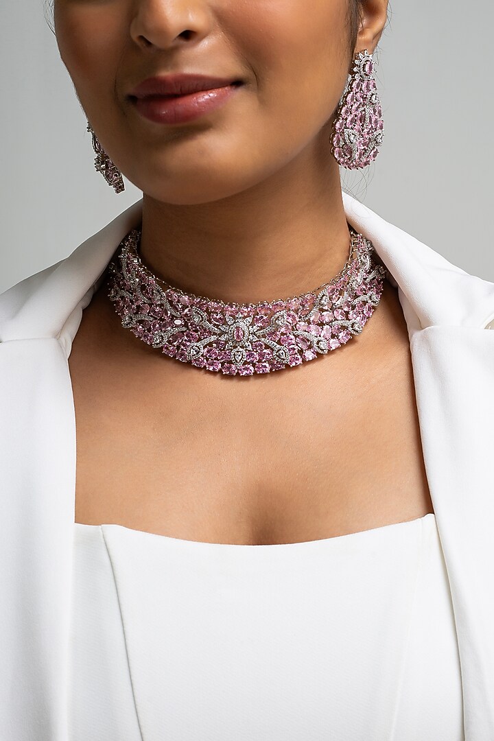 Gold Finish American Diamond & Pink Stone Choker Necklace Set by Zevar King at Pernia's Pop Up Shop