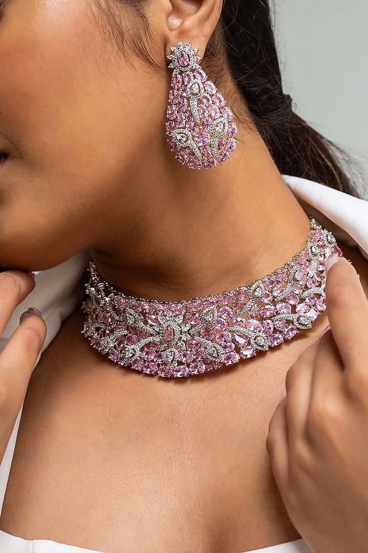 Gold Finish American Diamond & Pink Stone Choker Necklace Set by Zevar King at Pernia's Pop Up Shop