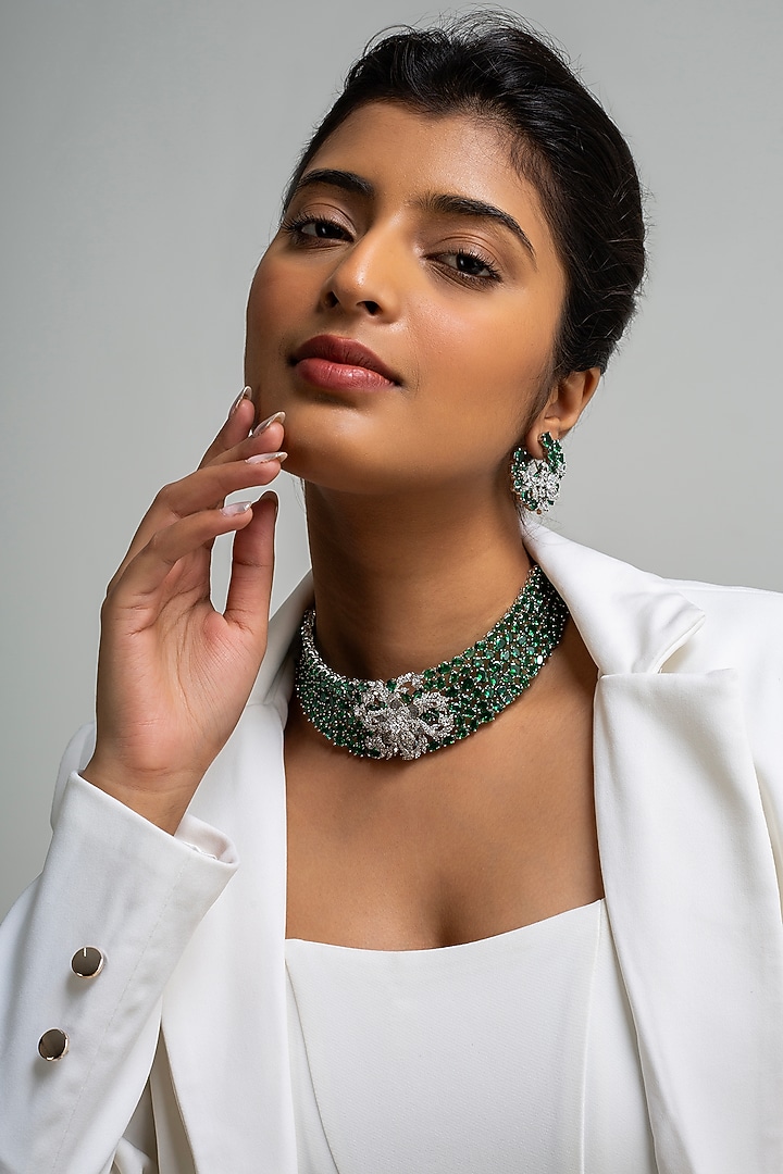Gold Finish American Diamond & Green Stone Choker Necklace Set by Zevar King at Pernia's Pop Up Shop