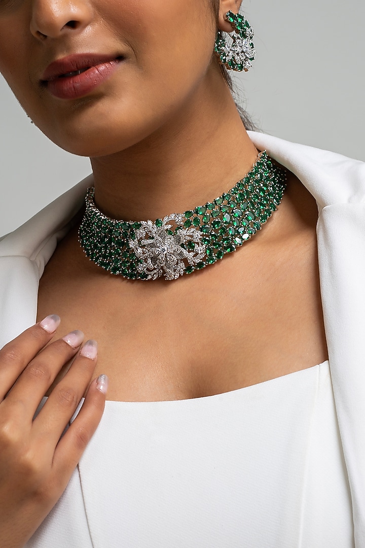 Gold Finish American Diamond & Green Stone Choker Necklace Set by Zevar King at Pernia's Pop Up Shop