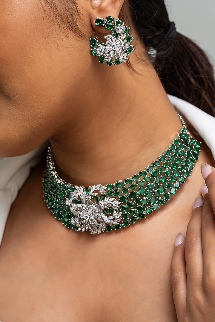 Gold Finish American Diamond & Green Stone Choker Necklace Set by Zevar King at Pernia's Pop Up Shop