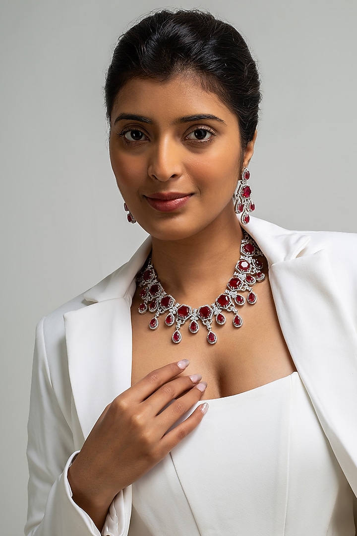 Gold Finish American Diamond & Red Stone Necklace Set by Zevar King at Pernia's Pop Up Shop