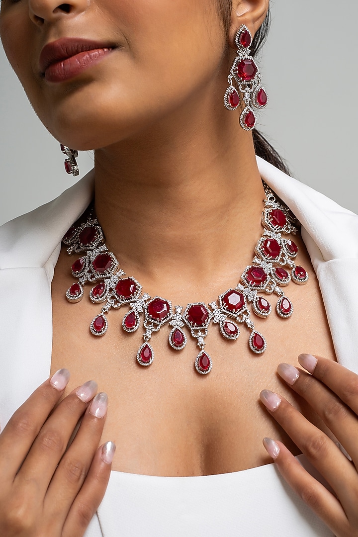 Gold Finish American Diamond & Red Stone Necklace Set by Zevar King at Pernia's Pop Up Shop