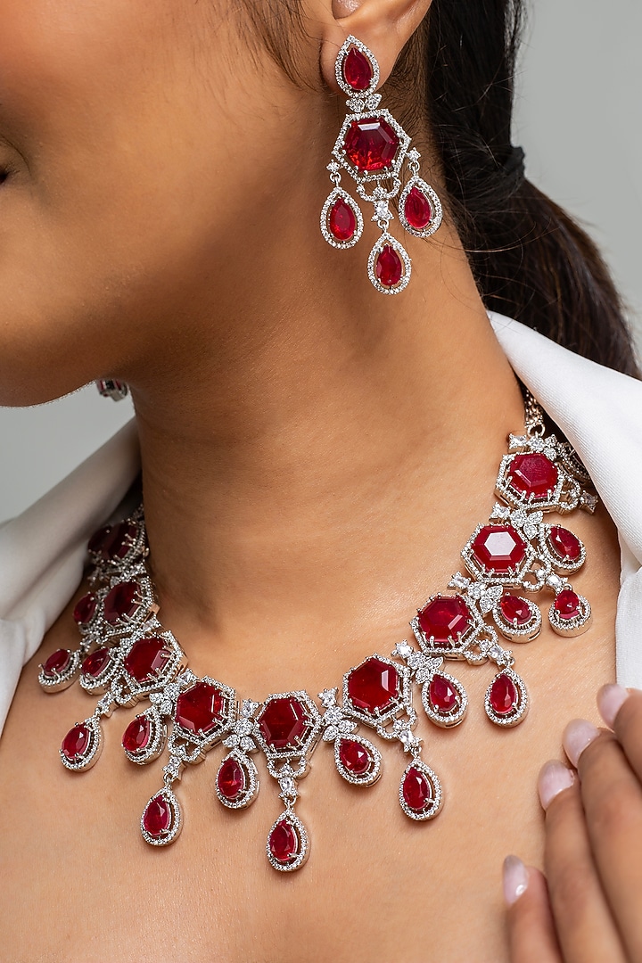 Gold Finish American Diamond & Red Stone Necklace Set by Zevar King at Pernia's Pop Up Shop