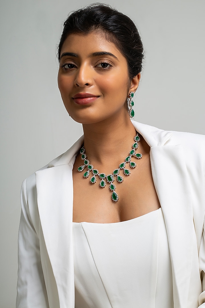 Gold Finish American Diamond & Green Stone Necklace Set by Zevar King at Pernia's Pop Up Shop