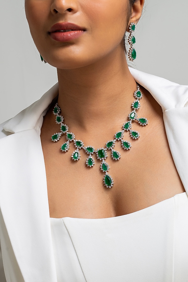 Gold Finish American Diamond & Green Stone Necklace Set by Zevar King at Pernia's Pop Up Shop